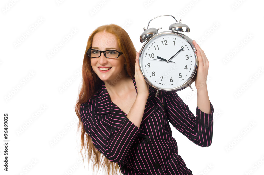 Pretty office employee with alarm clock isolated on white Pretty office employee with alarm clock isolated on white