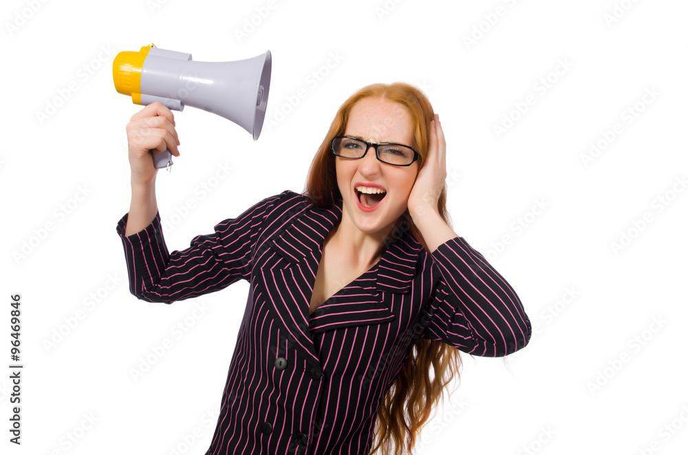 Young businesswoman with loudspeaker on white Young businesswoman with loudspeaker on white