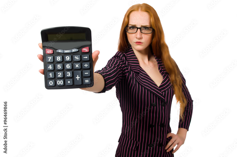 Young businesswoman with calculator on white Young businesswoman with calculator on white