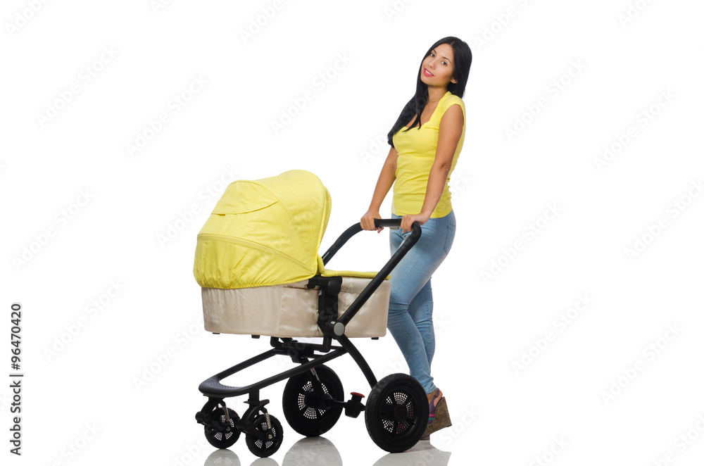 Woman with baby and pram isolated on white Woman with baby and pram isolated on white
