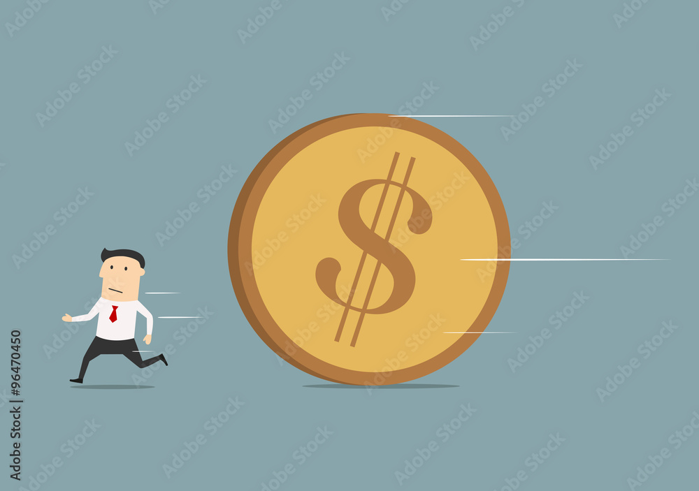 Businessman running away from big coin Businessman running away from big coin