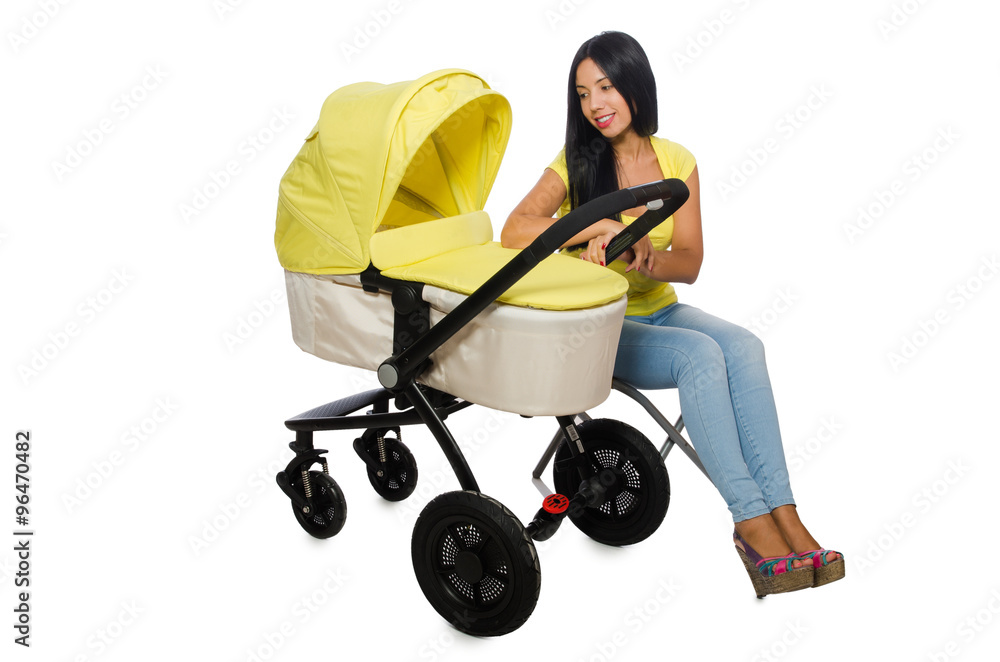 Woman with baby and pram isolated on white Woman with baby and pram isolated on white