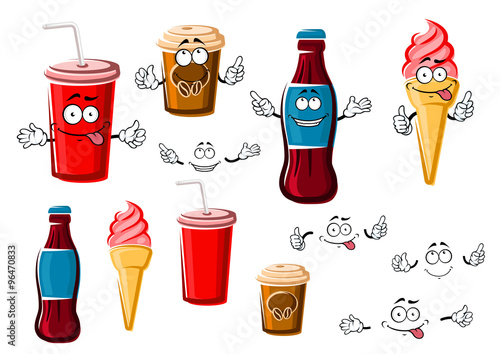 Coffee and soda cups, drink and ice cream
