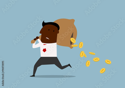 Cartoon businessman losing money from bag