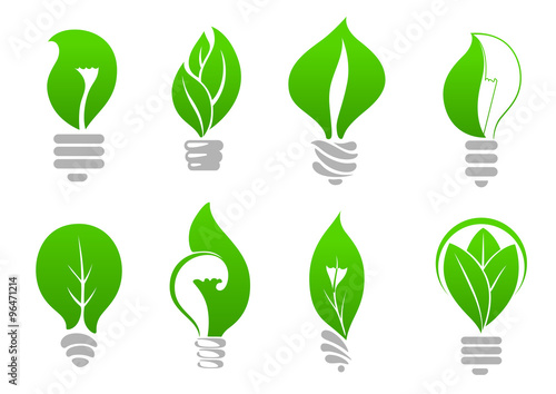 Save energy light bulb icons with green leaves