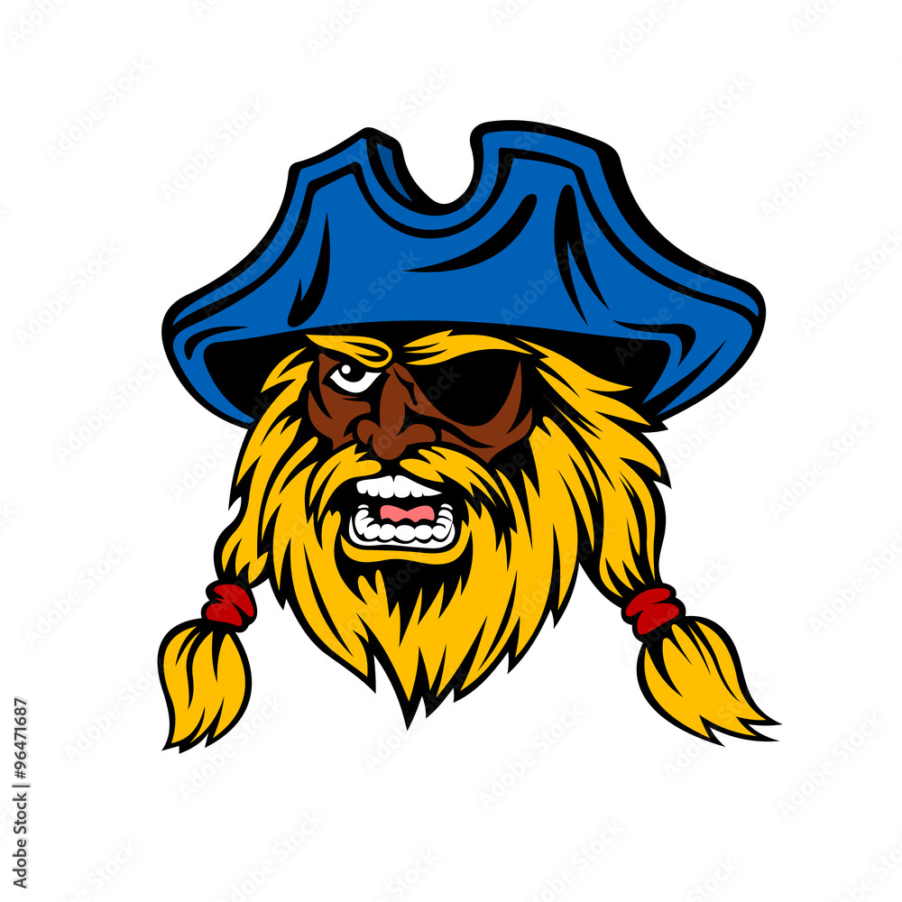 Cartoon captain pirate with long hair in hat Cartoon captain pirate with long hair in hat