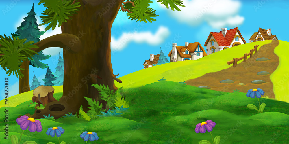 Cartoon background of old village - illustration for the children Stock ...