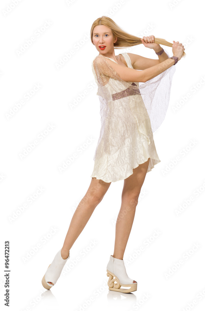 Woman wearing white dress isolated on white Woman wearing white dress isolated on white