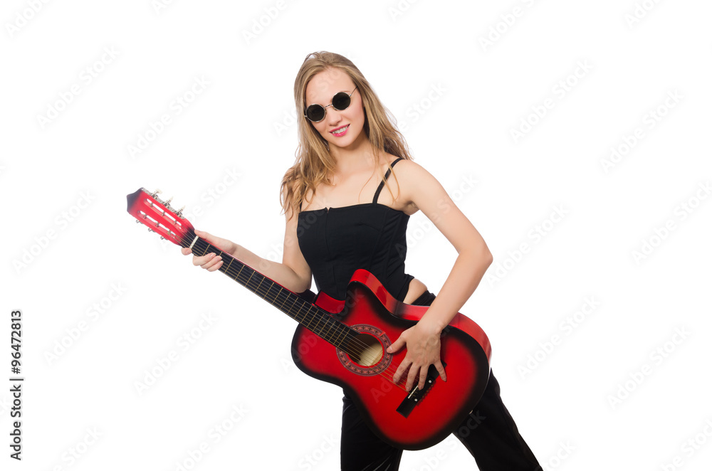 Young woman guitar player isolated on white Young woman guitar player isolated on white