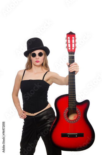 Young woman guitar player isolated on white