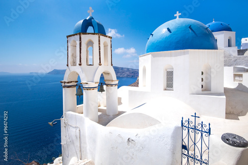 Scenic view of traditional cycladic blue white and blue domes