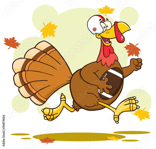 Football Turkey Bird Character Running In Thanksgiving Super Bowl