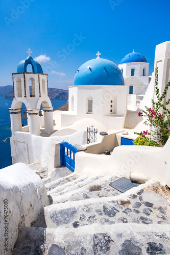 Scenic view of traditional cycladic white houses and blue domes