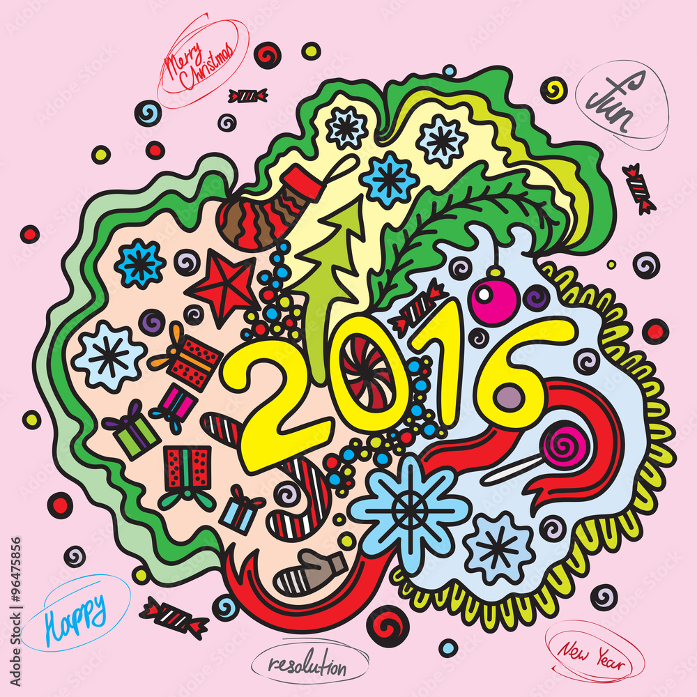 Obraz premium 2016 year hand lettering and doodles elements background in color. Hand drawing Merry Christmas and resolution sketch vector illustration.