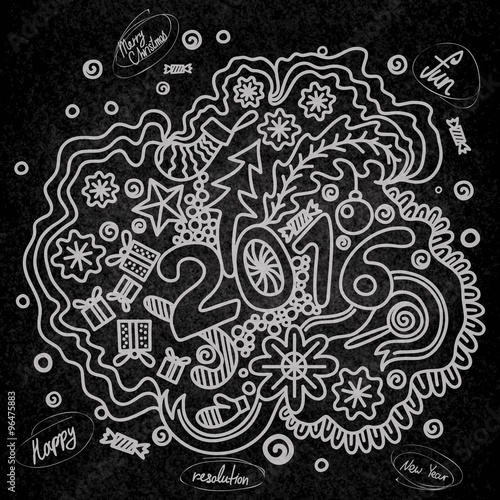 2016 year hand lettering and doodles elements background. Hand drawing Merry Christmas sketch vector illustration. 