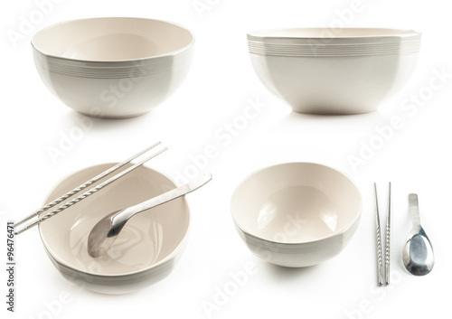 Collection of bowl with chopsticks and spoon isolated on white b