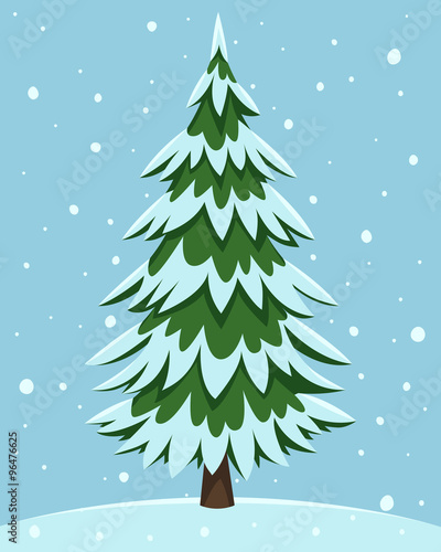 Cartoon illustration of the pine tree covered with snow.
