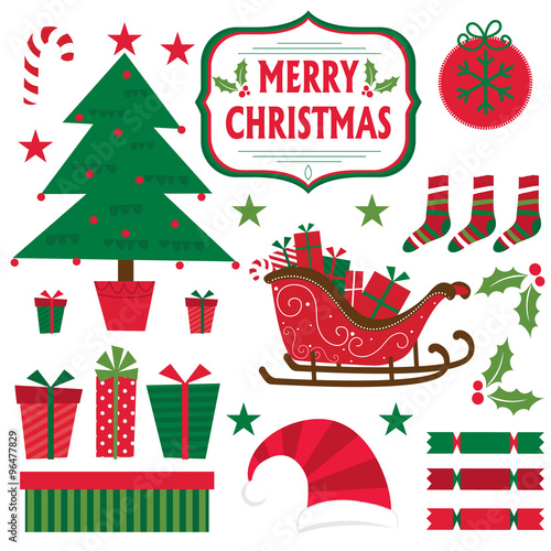 Christmas set with Christmas tree, Present, sleigh, star design vector illustration. EPS 10 & HI-RES JPG Included