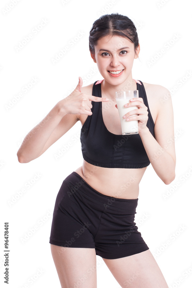 Beautiful healthy woman holding glass of milk on white background. Beautiful healthy woman holding glass of milk on white background.