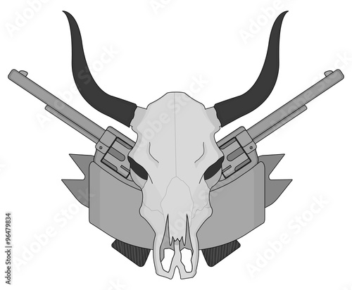 Wild west cow skull, pistols, ribbon logo. Gray scale