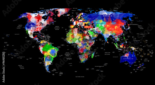 GEOMETRIC DESIGN WORLD MAP WITH COUNTRY AND CITY NAMES
