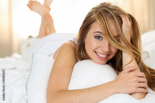 Free Download Young beautiful blonde smiling woman portrait wake up early morn - GFXLoad