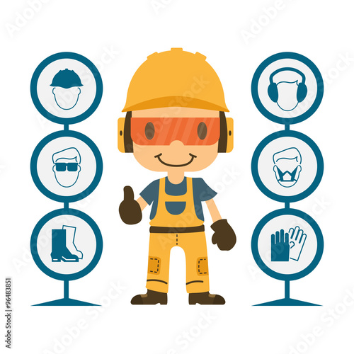 Construction worker repairman thumb up, safety first, health and safety warning signs, vector illustrator