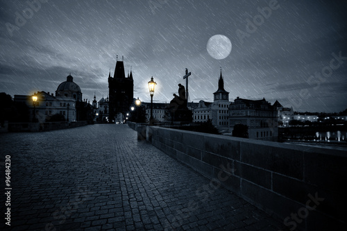 Canvas Print Charles Bridge at rainy night