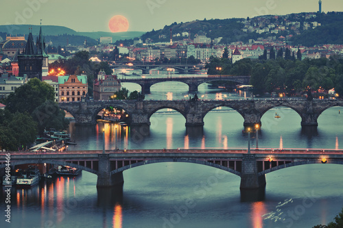 Photography Prague cityscape and full moon