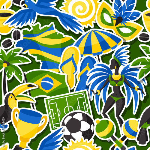 Brazil seamless pattern with sticker objects and cultural symbols