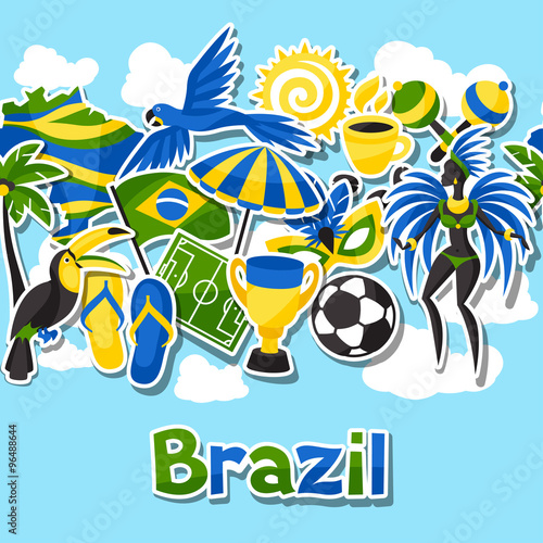 Brazil seamless pattern with sticker objects and cultural symbols