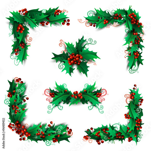 Set of Christmas holly berries design elements.