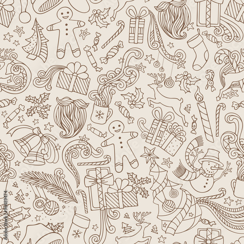 Vintage Seamless Doodles Christmas Pattern.