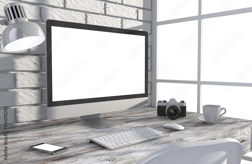 Fototapeta premium 3D illustration PC screen on table in office, Workspace