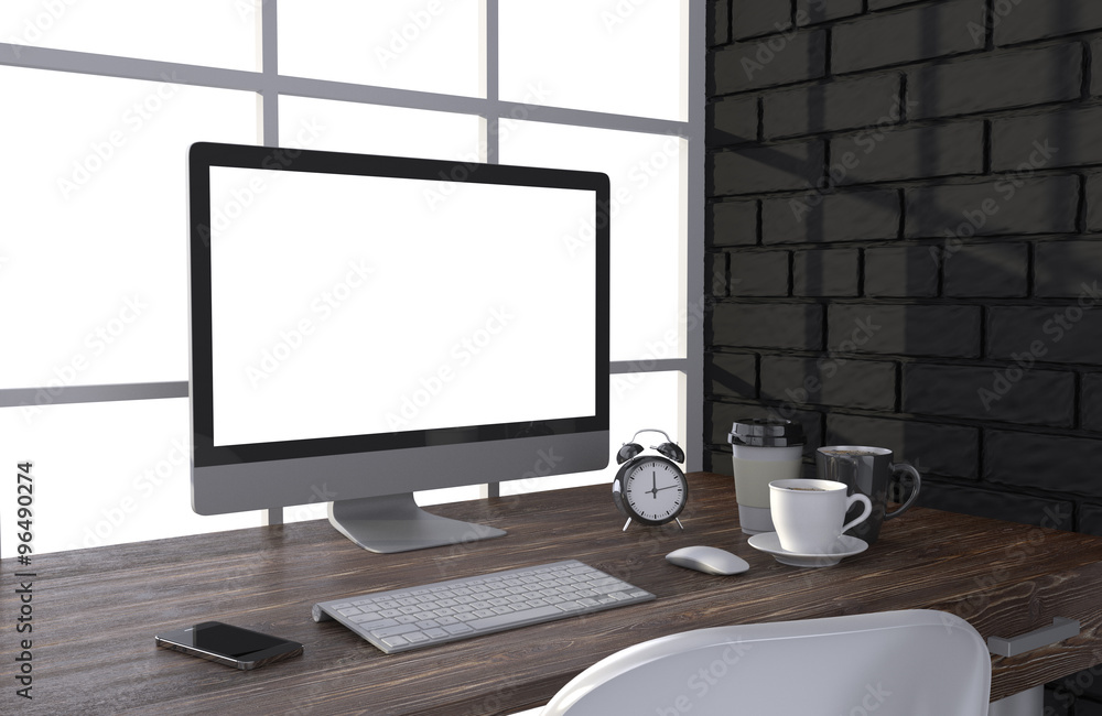 Fototapeta premium 3D illustration PC screen on table in office, Workspace