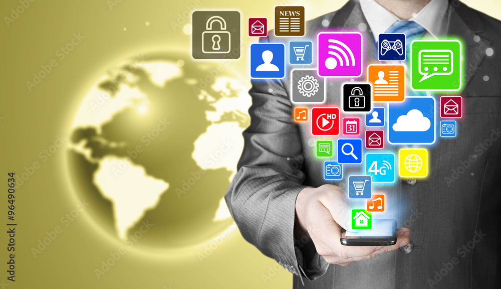 Business man using smart phone with social media icon set Business man using smart phone with social media icon set