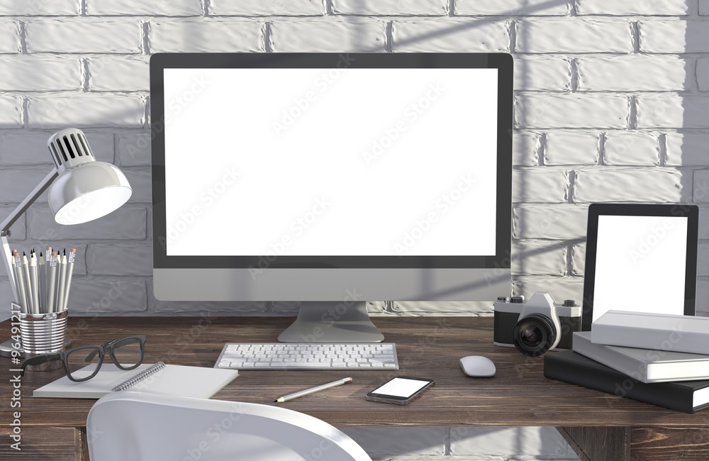 Fototapeta premium 3D illustration PC screen on table in office, Workspace