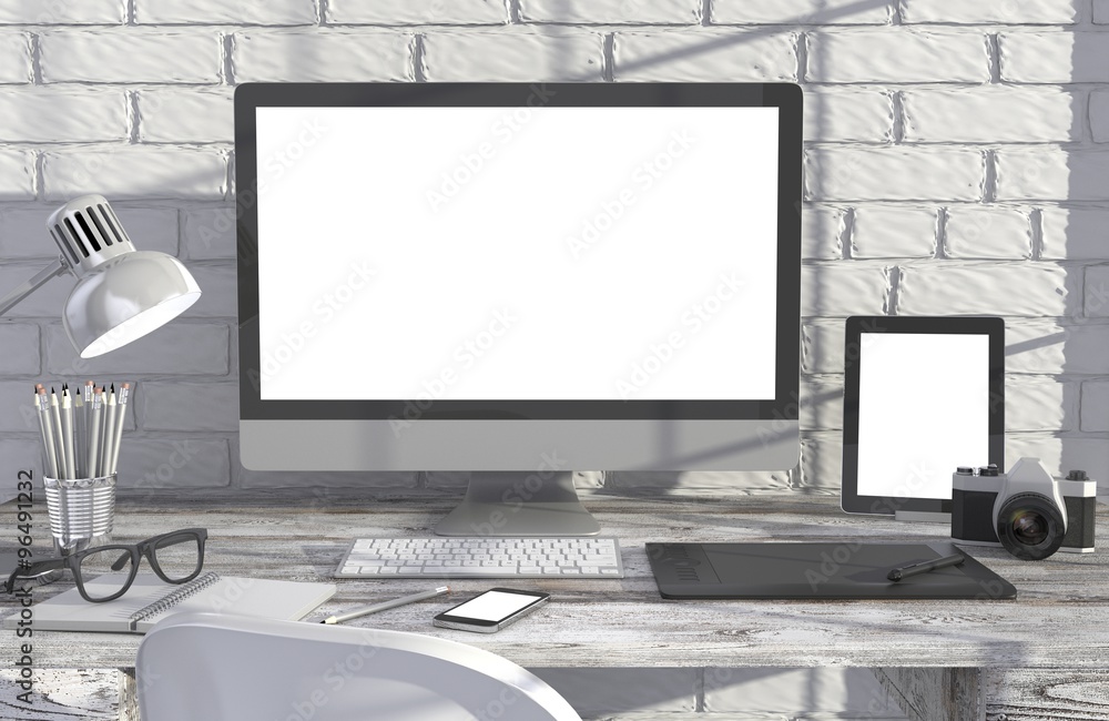 Fototapeta premium 3D illustration PC screen on table in office, Workspace