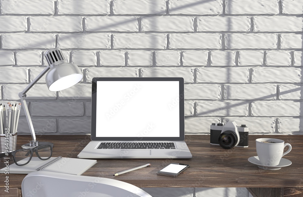3D illustration laptop and work stuff on table near brick wall, Workspace 3D illustration laptop and work stuff on table near brick wall, Workspace
