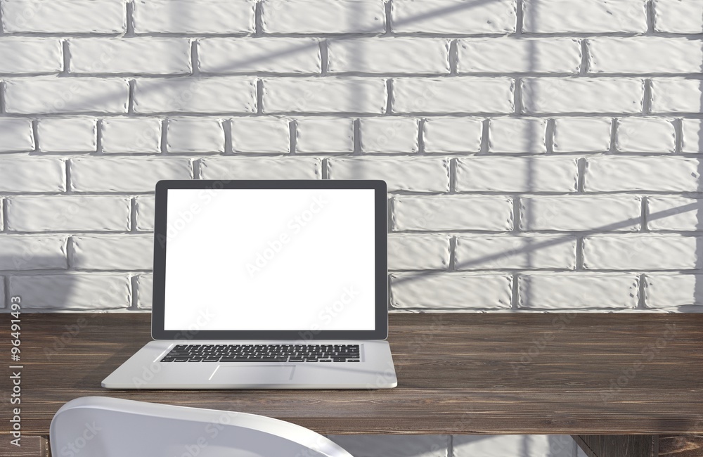 3D illustration laptop and work stuff on table near brick wall, Workspace 3D illustration laptop and work stuff on table near brick wall, Workspace
