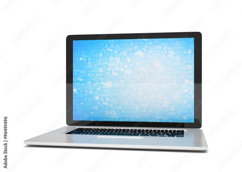 3d rendering of a laptop with blue wallpaper with app icon 3d rendering of a laptop with blue wallpaper with app icon