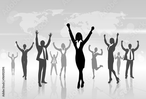 Business People Celebration Silhouette Hands Up, Businesswoman Concept Winner