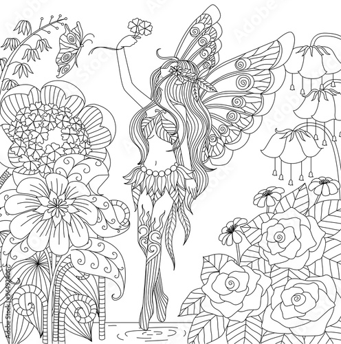 Hand drawn fairy flying in flower land for color book for adult