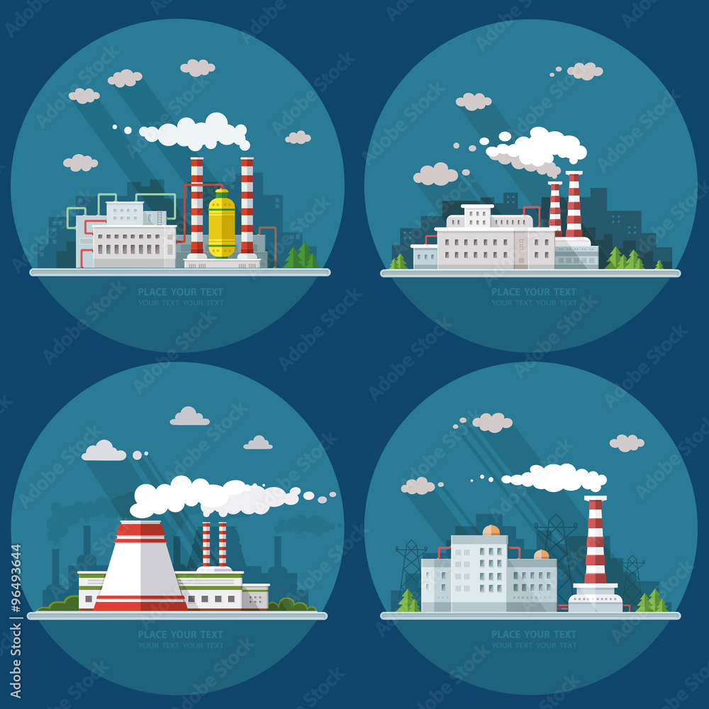 Obraz premium Industrial landscape set. The nuclear power plant and factory on