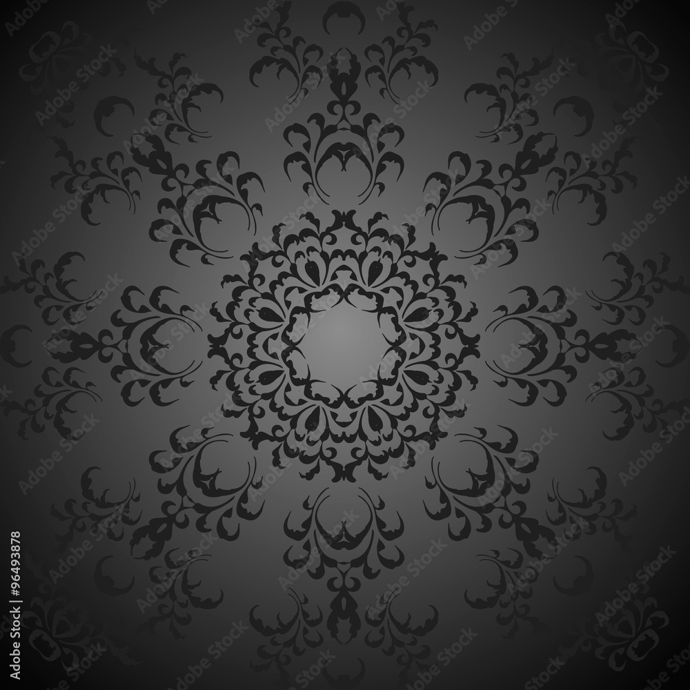 Black circular floral ornament. Vintage, retro silk fabric pattern. Vector illustration EPS 10