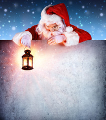 Santa Claus On Vintage Signboard With Lantern
