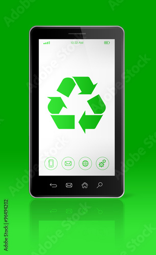 Smartphone with a recycling symbol on screen. environmental cons