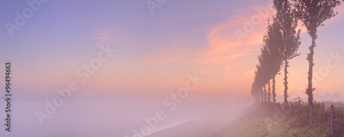 Canvas Print Foggy sunrise in typical polder landscape in The Netherlands