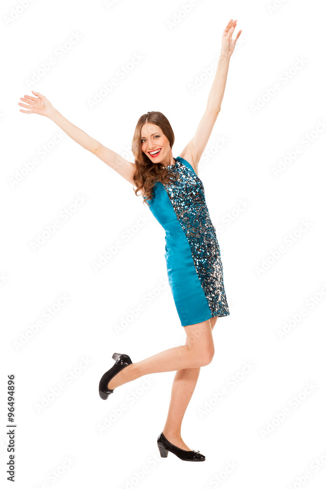 Young slim pretty woman in blue dress posing