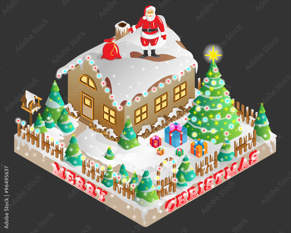 Obraz premium Vector ilustration of Santa Claus standing on the roof.of decorated house on Christmas Eve shown in isometric view.